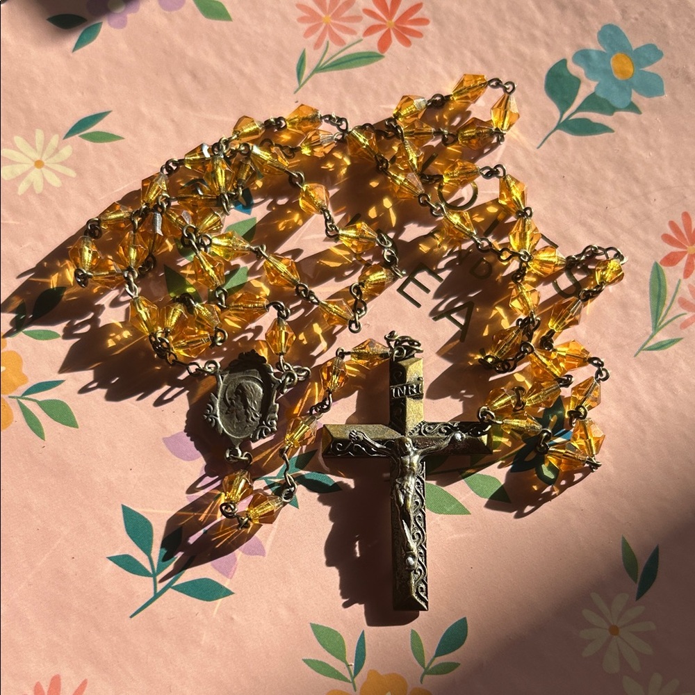 Vintage amber glass beads Rosary with Cross Pendant
